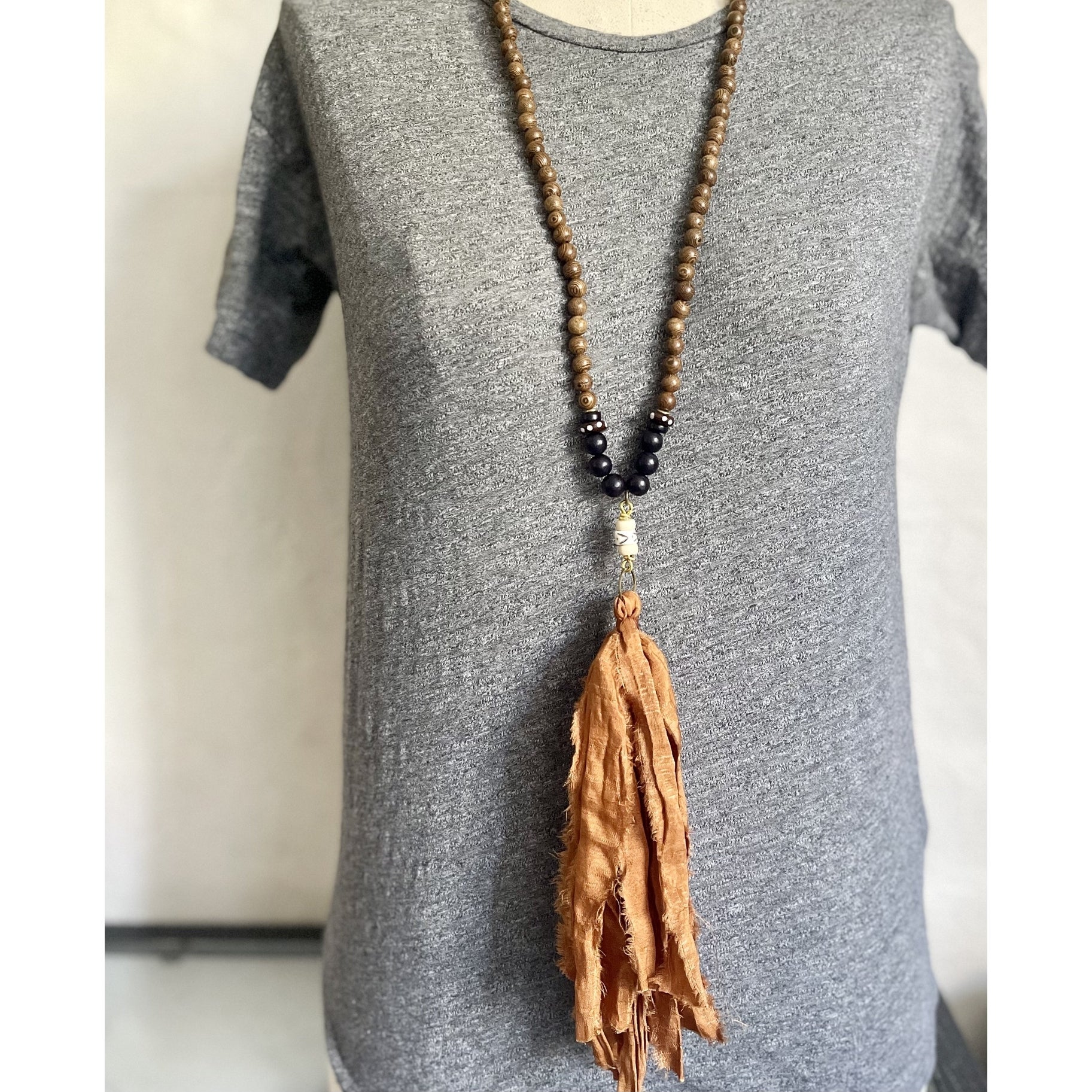 Burnt Orange Sari Silk Tassel Wood Bead Necklace The Rooted Home